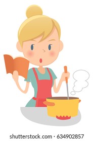 A housewife cooking while reading a book