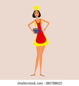 Housewife cooking. Woman holding pot in hands- vector. Girl or housewife cooking isolated on background. Woman cooking vector. Maid with a pan. Woman cooking vector illustration. Vector cartoon woman.