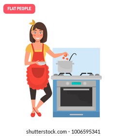 Housewife cooks soup on the stove color flat illustration
