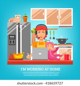 Housewife design concept at kitchen interior with woman sitting at desk with computer and baby in lap flat vector illustration