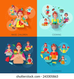 Housewife Design Concepts With Raise Children Cooking Buying Products Cleaning Flat Icons Isolated Vector Illustration