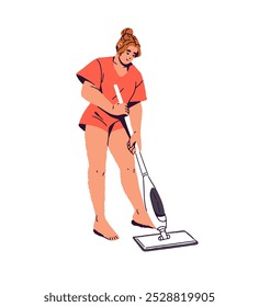 Ama de casa hace las tareas domésticas, limpia el piso con la fregona. Chica hace limpieza húmeda de la casa. Mujer que lava con el cepillo casero. Casa, limpieza. Ilustración vectorial aislada plana sobre fondo blanco