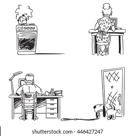 Housewife and dog owner are enthusiastically working on the computer. Vector illustration
