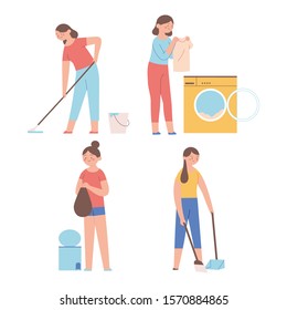 housewife doing daily homework like washing clothes, sweeping, taking out the trash and mopping the floor, a set of character illustrations vector housewife