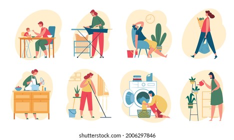 Housewife doing housework. Women cooking meal, washing clothes, watering plants, shopping, cleaning house. Housekeeping activities vector set. Character doing household chores, cleanup