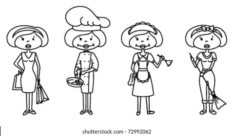 Housewife doing shopping, cooking, cleaning