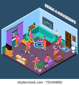 Housewife during work including washing floor and window, ironing linen and child care isometric composition vector illustration