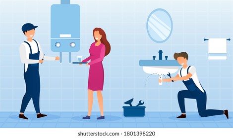 Housewife With Emergency Plumbing Service As Two Plumbers Fix A Bathroom Sink And Geyser, Colored Vector Illustration