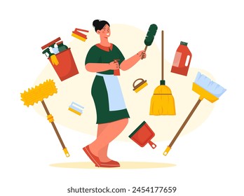 Housewife with equipment. Woman with mop, brushes, scoop and detergents. Household chores and routine. Cleanliness and hygiene. Cartoon flat vector illustration isolated on white background