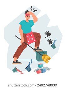 Housewife exhausted with endless duties and chores. Home workload, woman feeling overwhelmed and exhausted. Fatigue and balance in daily routine concept, flat cartoon vector illustration isolated.