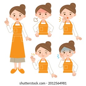 Housewife facial expression pose illustration set wearing an apron