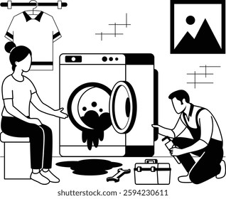 housewife facing unexpected appliance failures vector design, plumbing worker sketch laundry room drawing, HVAC technician story washing machine malfunctioned causing water to spill onto floor concept
