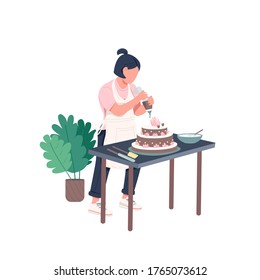 Housewife flat color vector faceless character. Woman cook DIY recipe. Female decorate homemade birthday cake. Creative hobby isolated cartoon illustration for web graphic design and animation