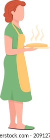 Housewife with fresh pie semi flat color vector character. Standing figure. Full body person on white. Mother in apron isolated modern cartoon style illustration for graphic design and animation