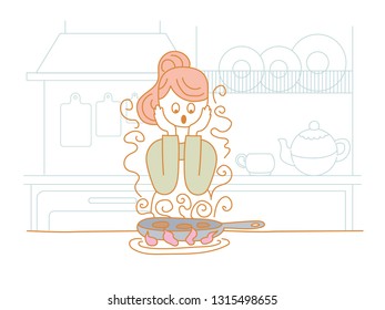 Housewife frying cutlets in a pan. Burned. In the background, kitchen furniture and items. Vector