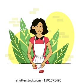 Housewife girl with an apron cooking food in the kitchen. Cute woman cutting vegetables. Adorable lady preparing a meal at home in her pastime. Female cartoon character. Vector illustration.
