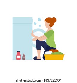Housewife girl puts clothes in the washing machine. Washing clothes with powder. Vector flat character. Cleaning of the apartment during the quarantine.
