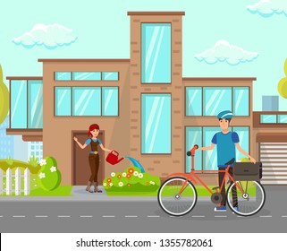 Housewife Greeting Husband Vector Illustration. Cartoon Bike Messenger And Female Gardener With Watering Pot. Bicycle Rider, Delivery Guy Wearing Safety Helmet. Fresh Vegetables Delivery Service