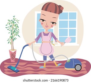 A housewife happily cleaning.vector illustration