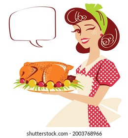 Housewife holding plate with roasted turkey. Vintage pin up woman cooks vector color ilustration isolated on white