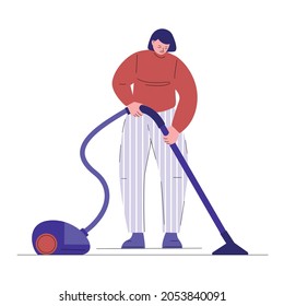 Housewife housekeeper woman cleans vacuum cleaner to mop the floor in the house. Vector illustration in flat style.