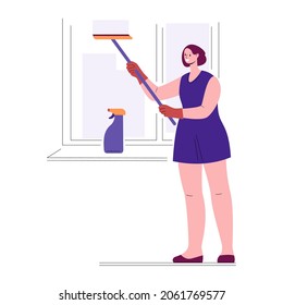 Housewife housekeeper woman doing cleaning in the house washes the window. Vector illustration in flat style.