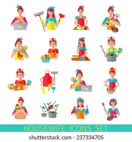 Housewife icon set with woman house working cleaning washing isolated vector illustration