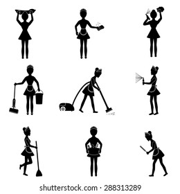 Housewife icon set with woman house working cleaning washing isolated vector illustration