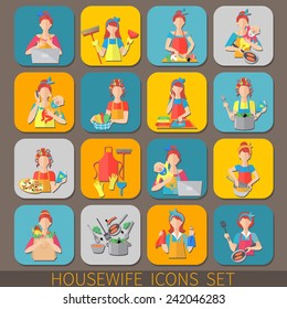 Housewife icons set with women doing housework cleaning cooking isolated vector illustration