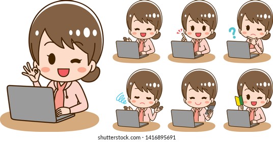 Housewife illustration set using a personal computer