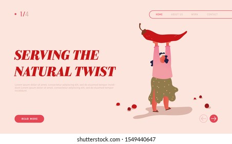 Housewife with Ingredient for Cooking Website Landing Page. Young Positive Overweight Woman Holding Huge Red Chili Pepper. Spicy Seasoning for Meal Web Page Banner. Cartoon Flat Vector Illustration
