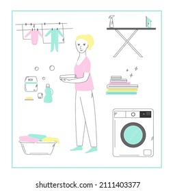 Housewife inside laundry room with washing machine, detergents, clotheslines, iron, stack of laundry, basket. Vector llustration. Sketch style.