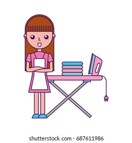 Housewife with ironing board