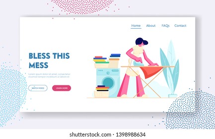 Housewife Ironing Clear Linen at Home. Woman Every Day Domestic Routine, Washing Clothes in Machine, Iron on Board. Housekeeping Website Landing Page, Web Page Cartoon Flat Vector Illustration, Banner