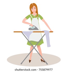 Housewife ironing clothes. Flat vector illustration