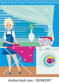 housewife ironing clothes at home