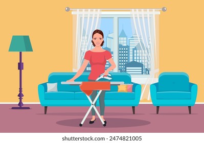 A housewife ironing clothes ironing on the ironing board. Vector illustration in flat design