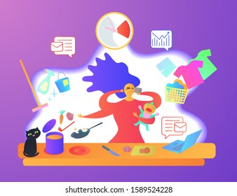 Housewife at kichen with baby. Busy mother with baby, multitasking woman. Motherhood cartoon flat illustration. Vector illustration