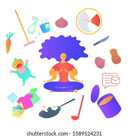 Housewife at kichen with baby. Busy mother with baby, multitasking woman. Motherhood cartoon flat illustration. Vector illustration