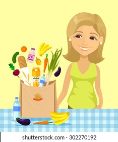 Housewife in kitchen. Vector flat cartoon illustration