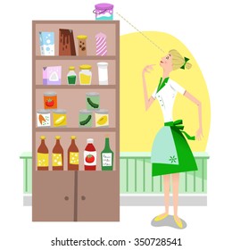 Housewife looking at a stuffed food shelf in a pantry (Fifties style)
