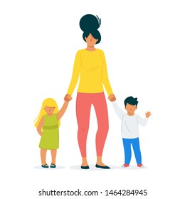 Housewife, loving mother and children cartoon vector illustration. Parenthood, single mother, raising children alone isolated flat character. Daughter and son holding hands with mom, mommy