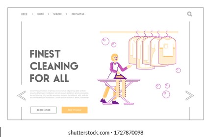 Housewife or Maid in Laundrette Landing Page Template. Female Character Employee of Cleaning Service Working. Girl Ironing Clean Clothes in Public or Hotel Laundry. Linear People Vector Illustration