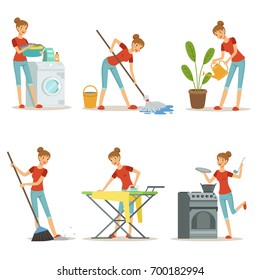 Housewife make different domestic works. Mother occupation. Vector cartoon characters set