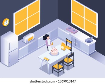 Housewife making birthday cake isometric 3d vector concept for banner, website, illustration, landing page, flyer, etc.