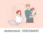 Housewife man with child stands near business wife talking on phone and using computer. Male housewife raises baby while businesswoman earns money on internet and communicates with partners