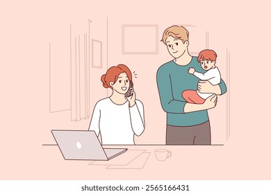 Housewife man with child stands near business wife talking on phone and using computer. Male housewife raises baby while businesswoman earns money on internet and communicates with partners