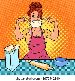 A housewife in a medical mask prepares dough. Coronavirus epidemic. Comics caricature pop art retro illustration drawing