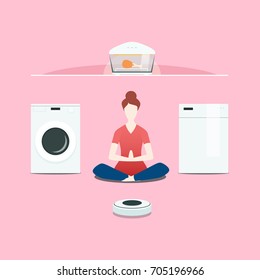 Housewife is meditating surrounded by vacuum cleaner, dishwasher, washing machine and  grill