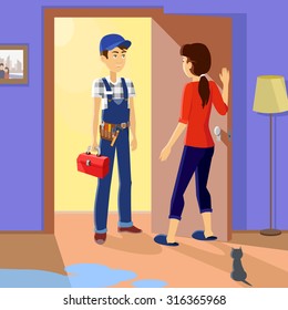 Housewife meets master repairman. Service uniform, occupation professional, repair mechanic work, technician fixing, tool and workman, toolbox and handyman, plumber or serviceman illustration